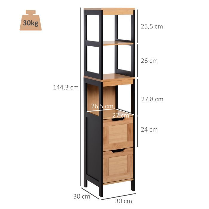 Meuble colonne salle de bain - HOMCOM - style cosy 3 étagères 2 tiroirs rangement gain de place - bambou - 30x30x144cm - noir