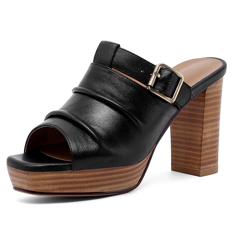 Sandales à plateforme en cuir véritable noir, bout ouvert, talons très hauts, chaussures décontractées d'été pour femmes, sandales femmes 2021