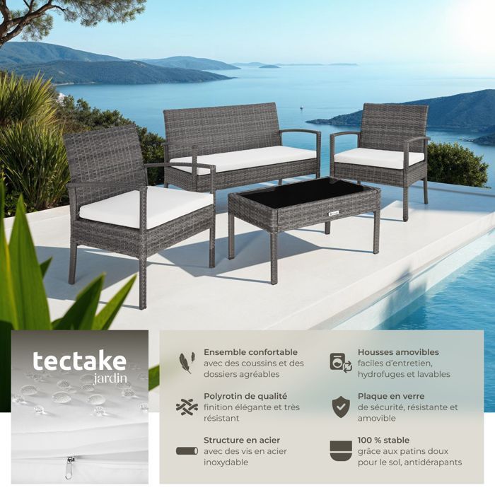 Salon de jardin - TECTAKE - Ensemble bas détente d'extérieur SPARTE avec cadre en aluminium et résistant aux UV - Gris