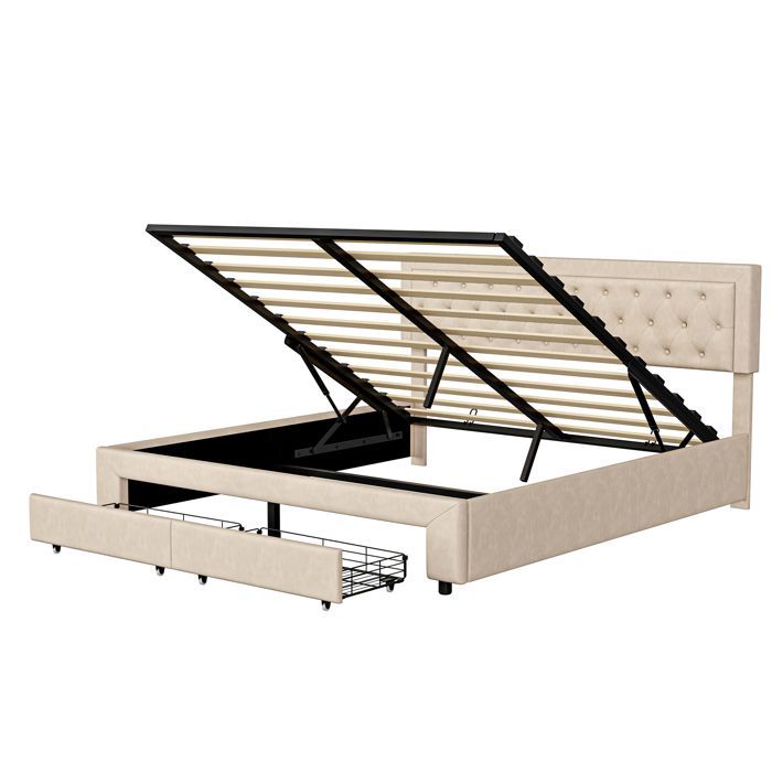 Cama con almacenamiento de 160 x 200 cm, cama de 160 x 200 con somier de láminas, cama doble, con 2 cajones, estructura de cama, con cabecero, color beige, terciopelo.