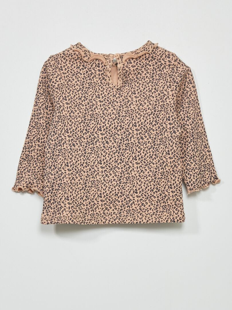 Geribbeld gebreid T-shirt met rucheskraag - BEIGE