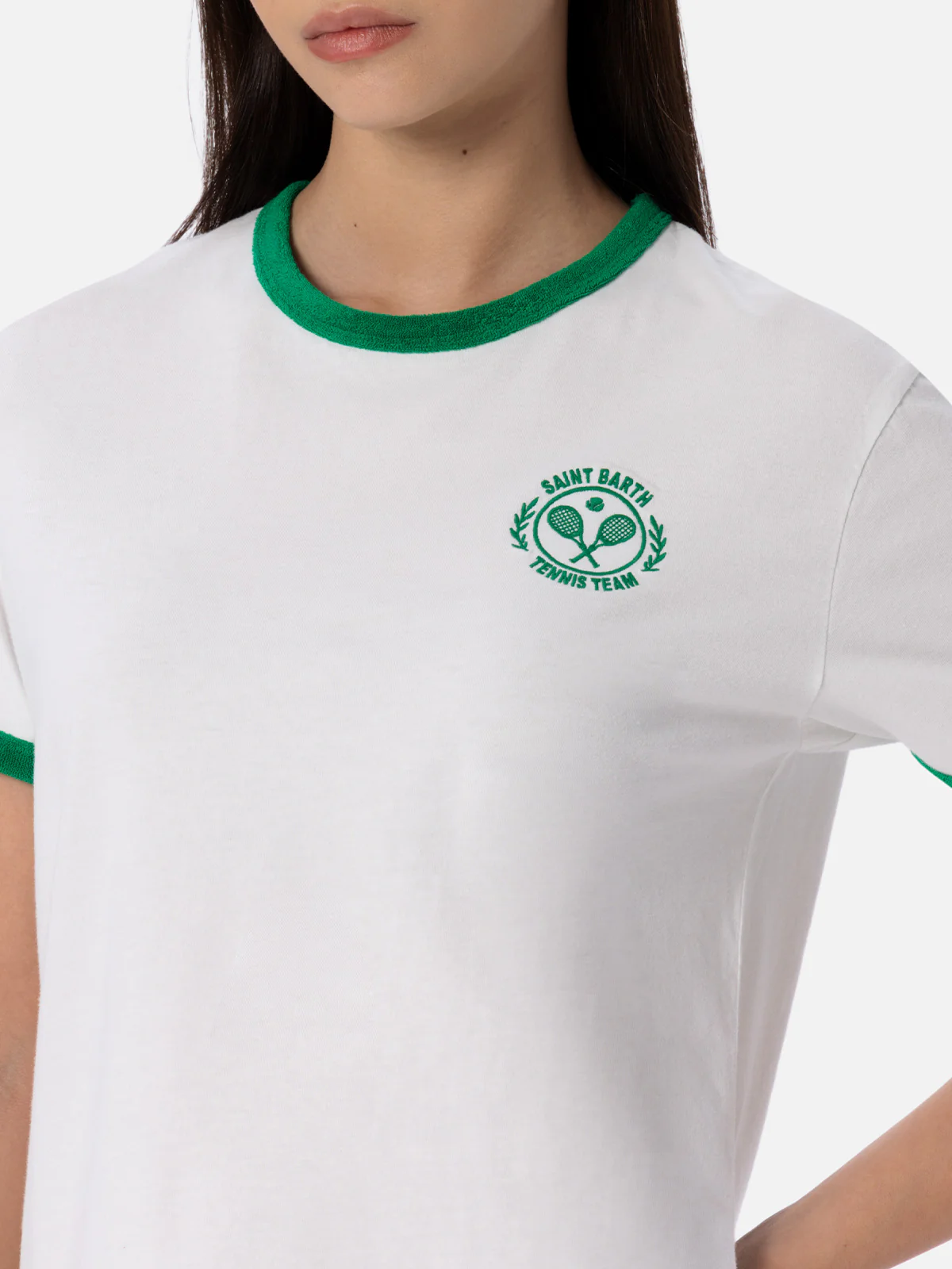 Dames Emilie katoenen jersey T-shirt met ronde hals en details in