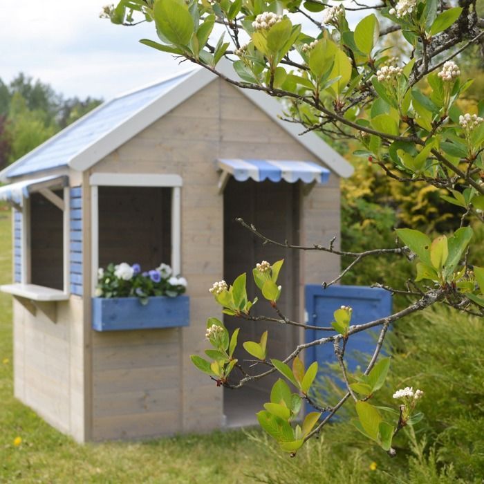 Kangui - Outdoor Children's Playhouse - Wooden Playhouse with Floor - Waterproof Roof - Blue and White