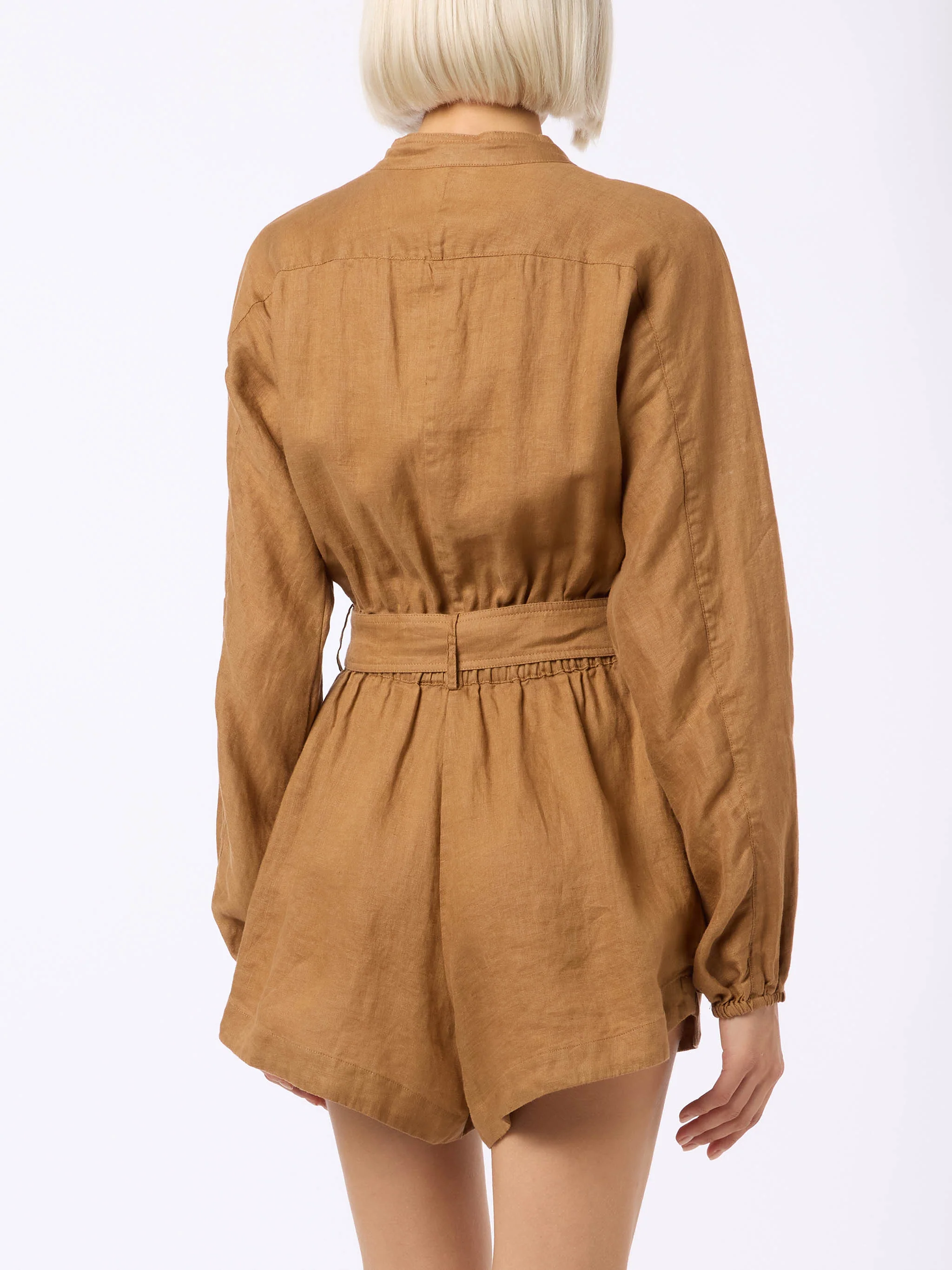 Hanniel damesjumpsuit van camelkleurig linnen