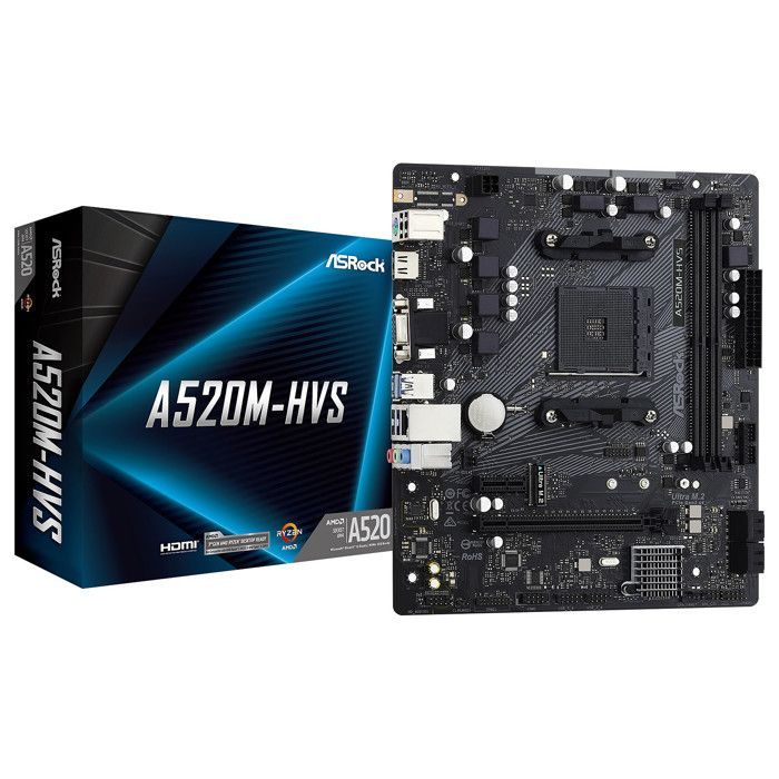 ASRock A520M-HVS Micro ATX Hovedkort, Sokk AM4, DDR4, M.2, PCIe, NVMe, USB 3.0, PCI-Express 3.0 16x