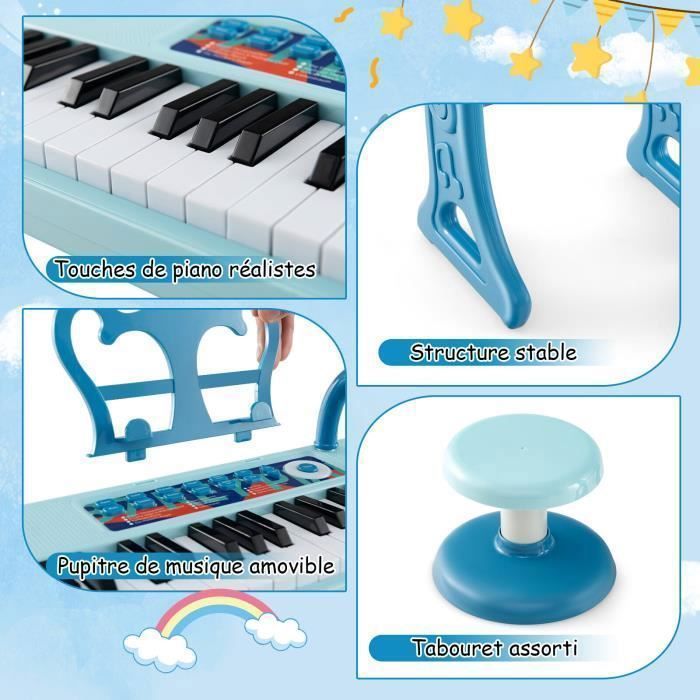 Pianoforte elettronico COSTWAY per bambini dai 3 anni in su, 37 tasti, con sgabello, microfono regolabile e leggio rimovibile, blu.
