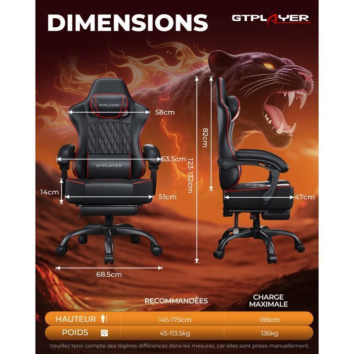 Silla gaming ergonómica, sincronizada, reposabrazos ajustables, cojines lumbares/para la cabeza, asiento de tela gruesa - Negro Rojo