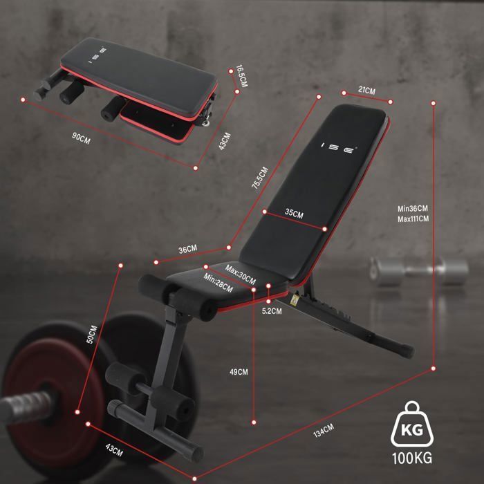 ISE Multifunctional Folding Incline Weight Bench, Fitness Sit-up Bench, 7-Position Adjustable Backrest, for Home Office, Max 100KG