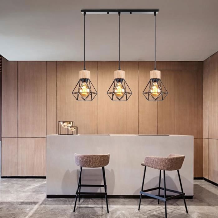 UNI Suspension Luminaire en Bois Fer Lustre Suspension Deisgn Vintage Industrielle pour Salle à Manger Chambre Salon Noir