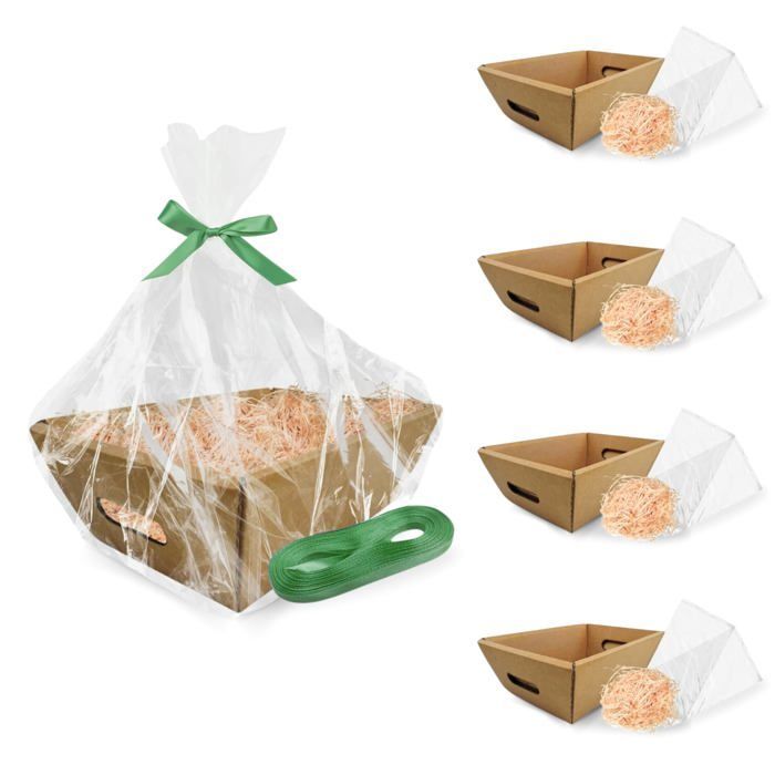 Lot de 5 Paniers en Carton 34x23x11 cm avec 200g de Paille de Pin, 10 Feuilles Cellophane et Fil Déco