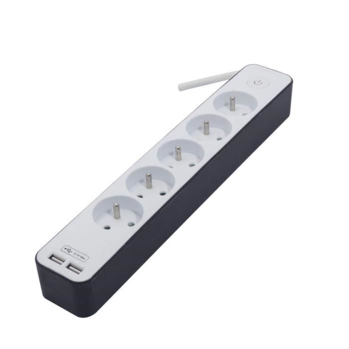 Regleta CHACON de 5 tomas de corriente y 16 A con 2 puertos USB y cable de 1,5 m HO5VV-F 3x1,5 mm² blanca y gris