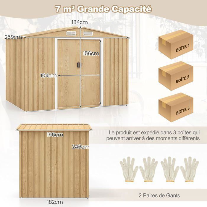 COSTWAY Galvanoitu metallinen puutarhavaja 5m² 259x196x182 cm - Perustus - Liukuovet, Kaide - Puunsyyväri