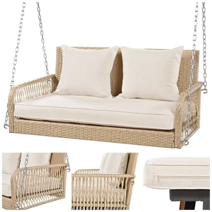 Altalena a 2 posti in rattan sintetico PE per giardino, con cuscini e 2 catene, portata 160 kg, colore beige.