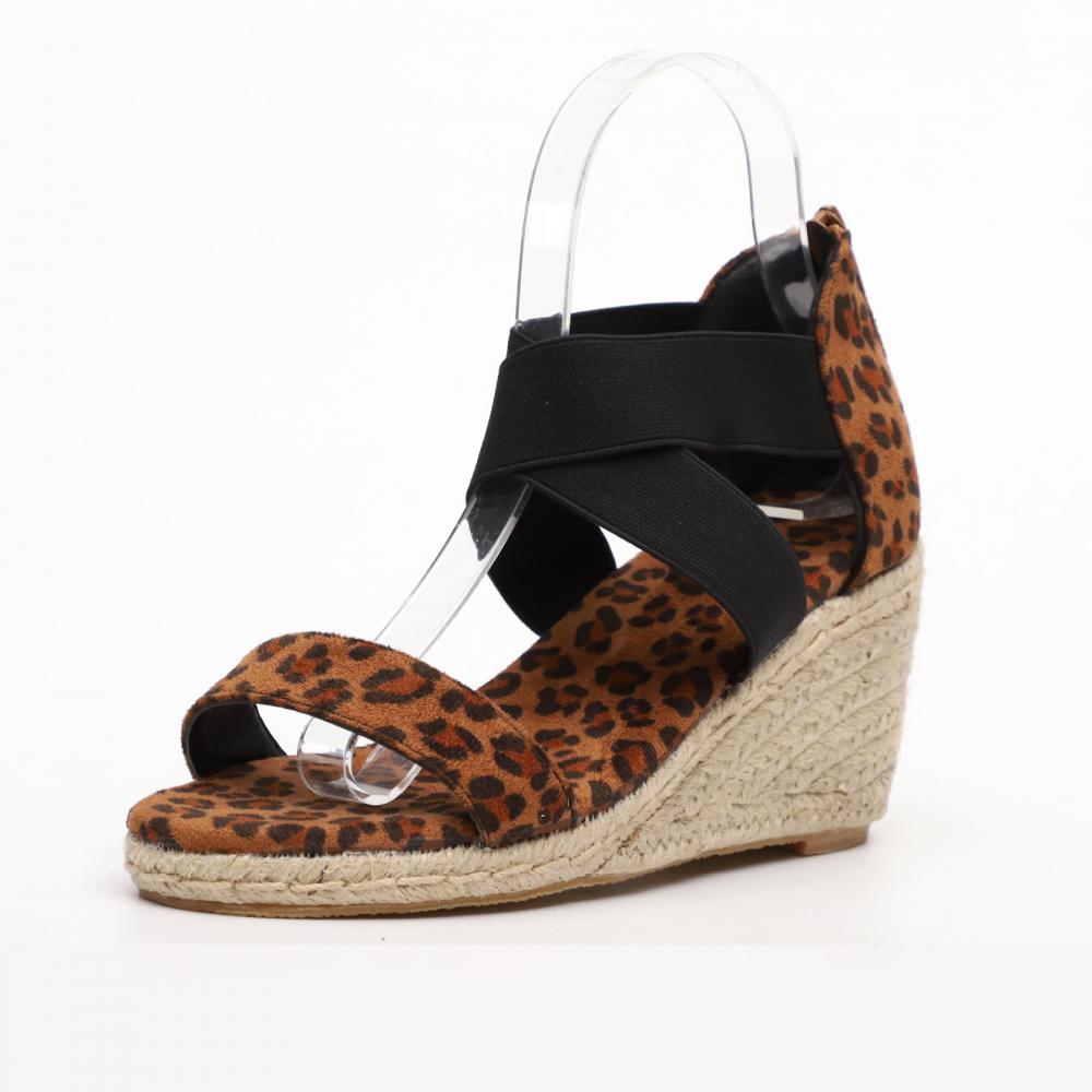 Sandali estivi da donna, scarpe da donna, zeppe casual con stampa leopardata, sandali da donna in canapa con cinturino incrociato, moda femminile, comfort