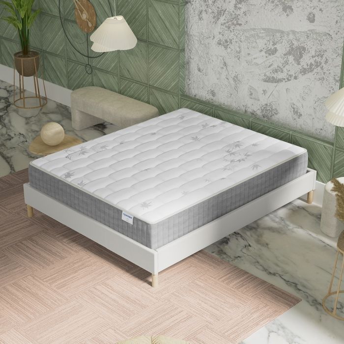 Colchón y base de cama (140x200cm) - Galicia. Muelles ensacados y espuma viscoelástica, 25cm de grosor + Base de cama de madera estable, tejido blanco.