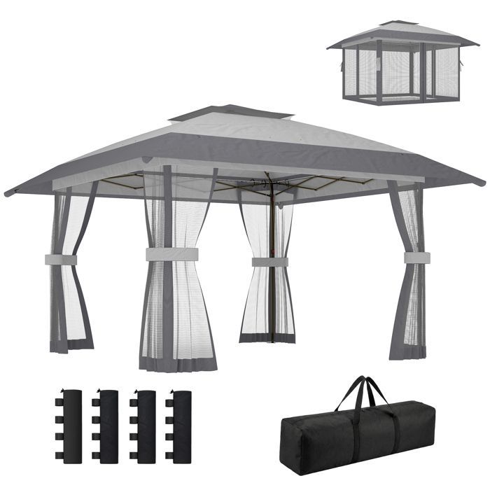 Cenador plegable Outsunny - altura regulable - protección UV30+ - fácil montaje - tejido de poliéster y metal - 4 x 4 m - gris