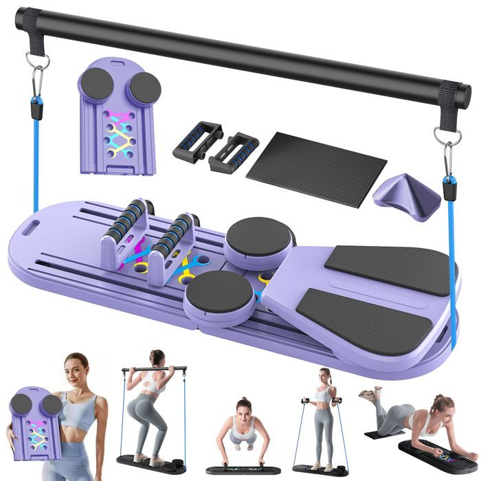 Tavola Pilates 6 in 1 per esercizi addominali, con contatore, pieghevole, auto-rimbalzo, Pilates Reformer, viola
