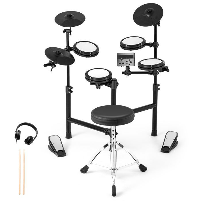 GYMAX Faltbares elektronisches Schlagzeug mit Pads, Becken, 150 Sounds, 10 Demos, USB-Schnittstelle, Pedalen, Drumsticks und verstellbarem Hocker
