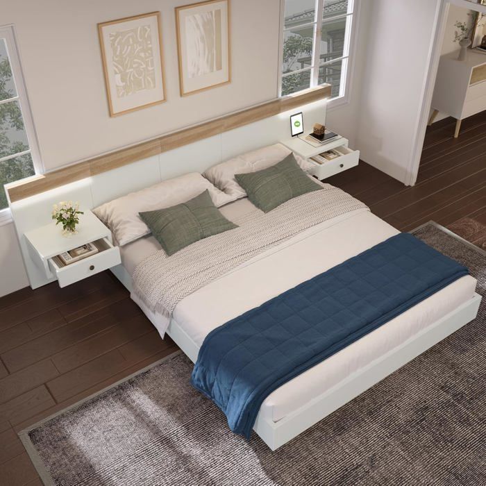 NEW-Lit double lit adulte 160x200 cm avec 2 tables de chevet LED et interface USB-C, bois, blanc et chên CHAMBRE A COUCHER COMPLETE