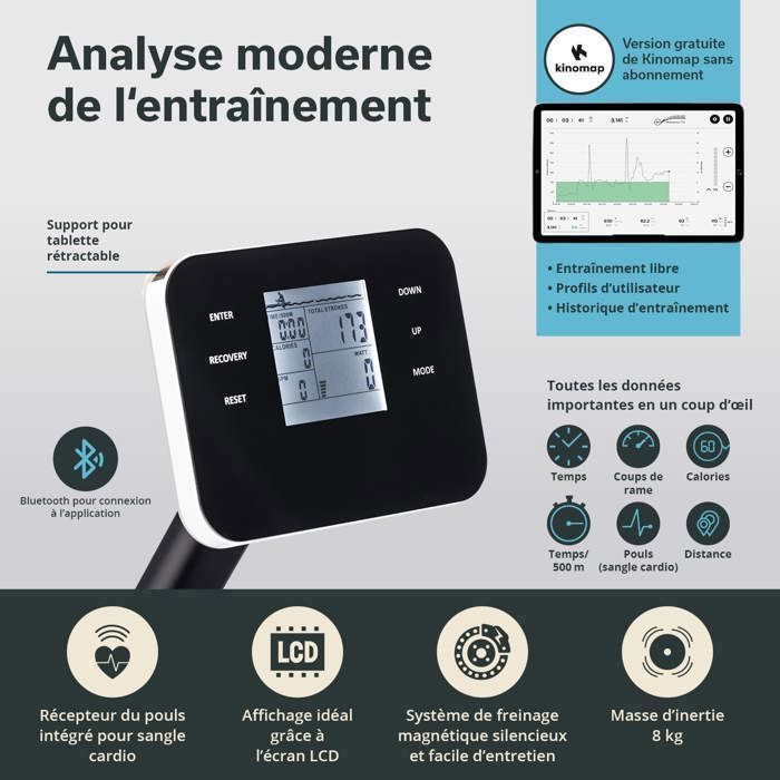 Vogatore indoor Freki – Skandika – Peso massimo 135 kg – Bluetooth – Console con schermo LCD – Blu