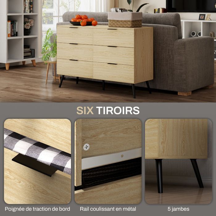 Cómoda de 6 cajones - HOMCOM - Cómoda de dormitorio con diseño moderno antivuelco, 110 cm de largo x 40 cm de ancho x 75 cm de alto - Aspecto de madera