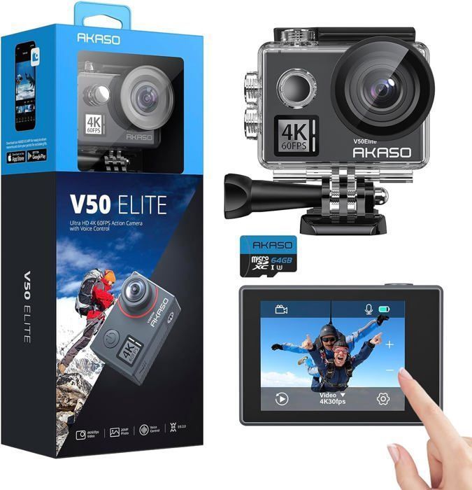 Caméra Sport AKASO V50 ELite Etanche 4K-60fps 20 Millions Pixels avec Carte Mémoire Extreme 64Go Noir