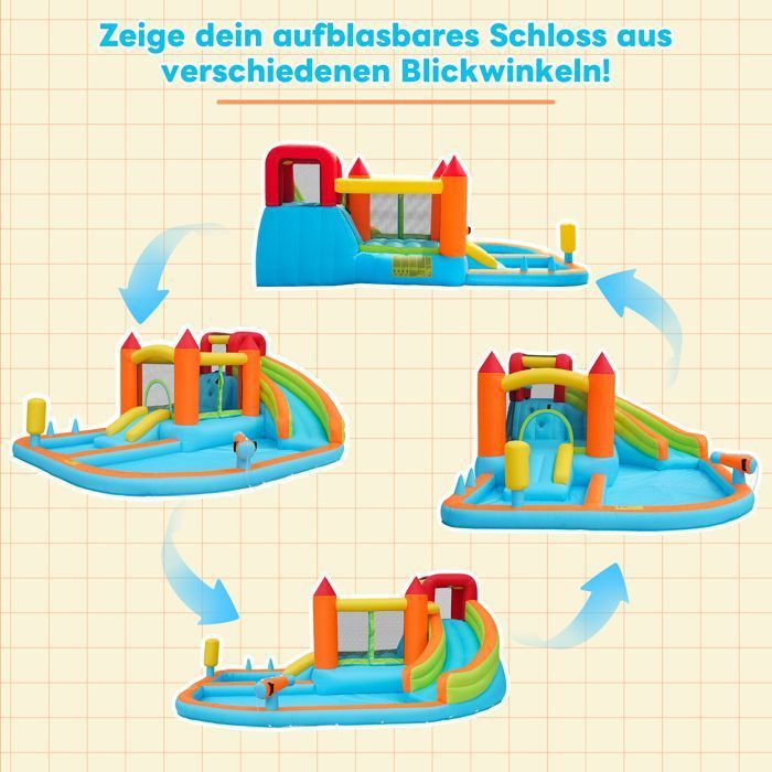Luscriate - Inflatable castle with slide + trampoline + basketball hoop + water gun, 2 pools (dry and wet), blower - Multicoloured