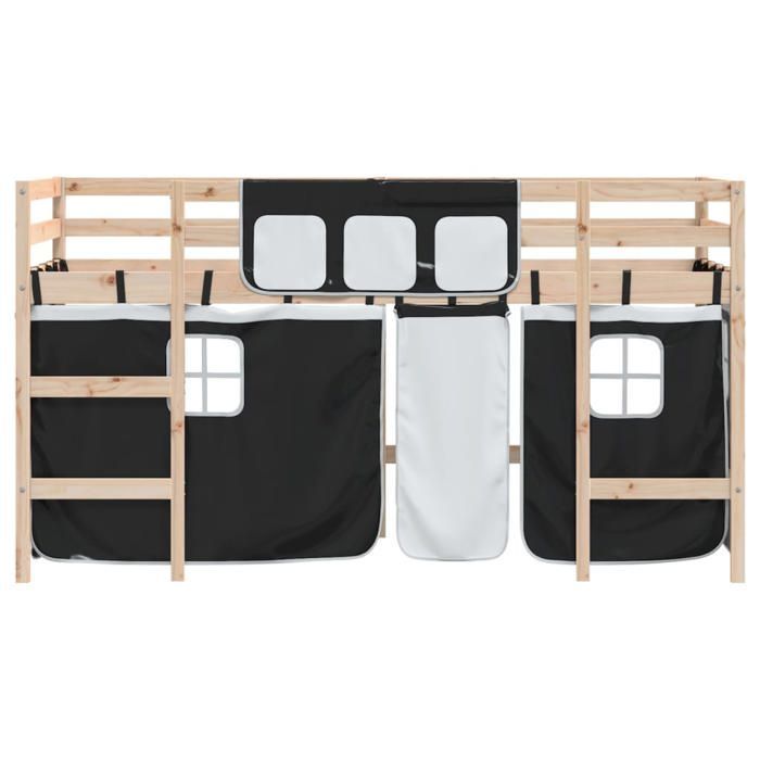 Cama alta infantil vidaXL con cortinas, cama elevada para niños con escalera, mueble de almacenamiento para dormitorio, estilo moderno, color blanco.