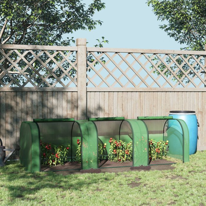 Mini invernadero de jardín - Outsunny - Túnel para tomates de PE 140 g/m², resistente a los rayos UV, 3 puertas - acero - 3x1x0,8 m - verde