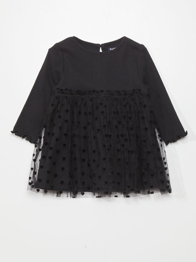 Vestido canelado e de tule - PRETO