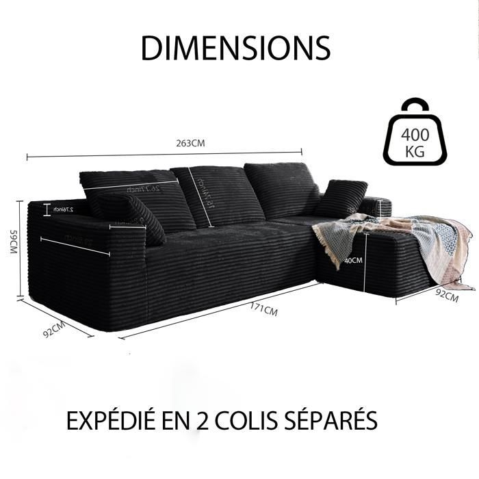 Divano angolare destro 263x171x59cm, combinazione libera 4/5 posti, non richiede montaggio, divano con chaise longue, velluto a coste nero
