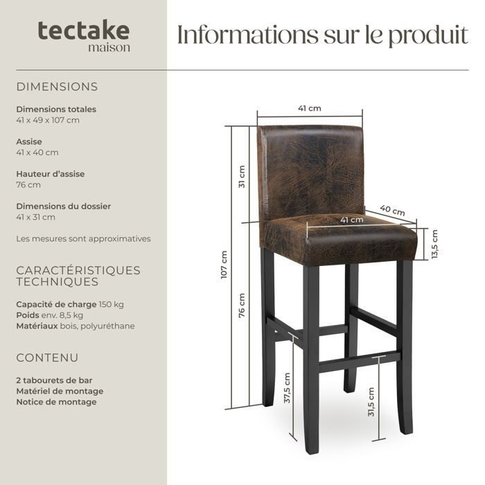 Bar stool - TECTAKE - Set of 2 stools with padded backrest and solid wood legs - Dark brown
