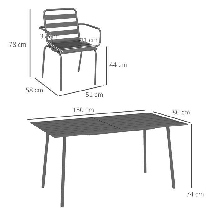 Conjunto de comedor de jardín Outsunny de 7 piezas con 1 mesa y 6 sillas apilables en acero gris.