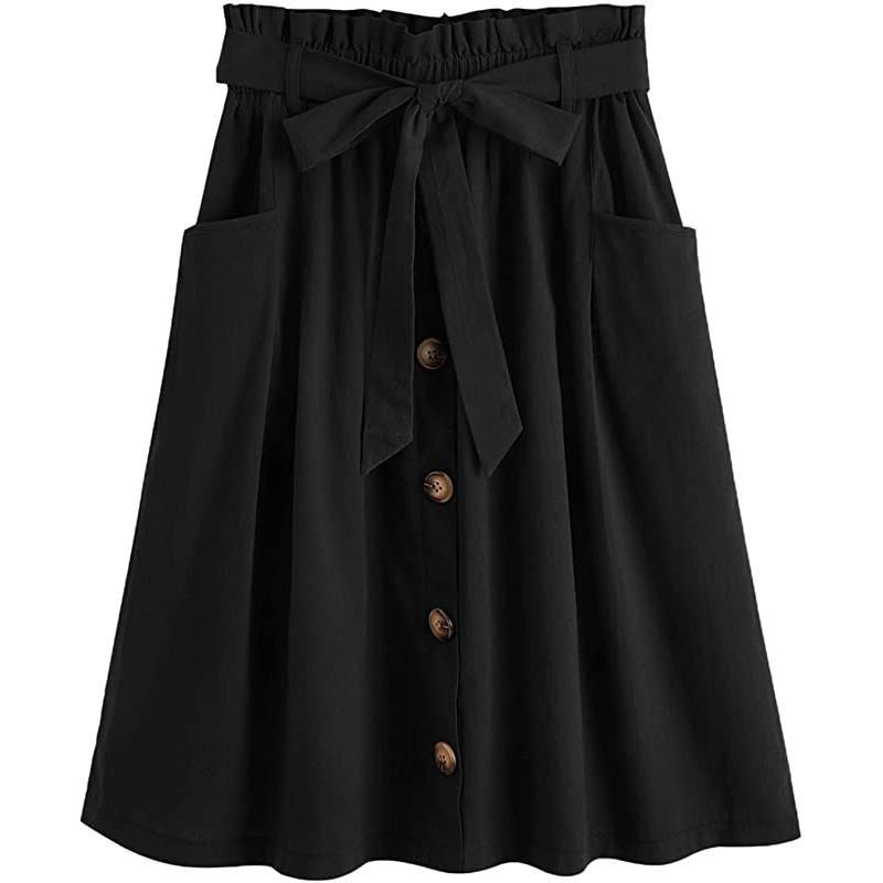 Jupe midi plissée trapèze taille haute décontractée pour femme avec poche