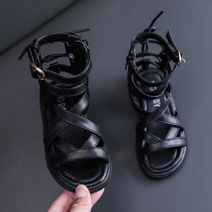 Sandálias gladiadoras infantis, calçados para meninas, moda verão, pretas