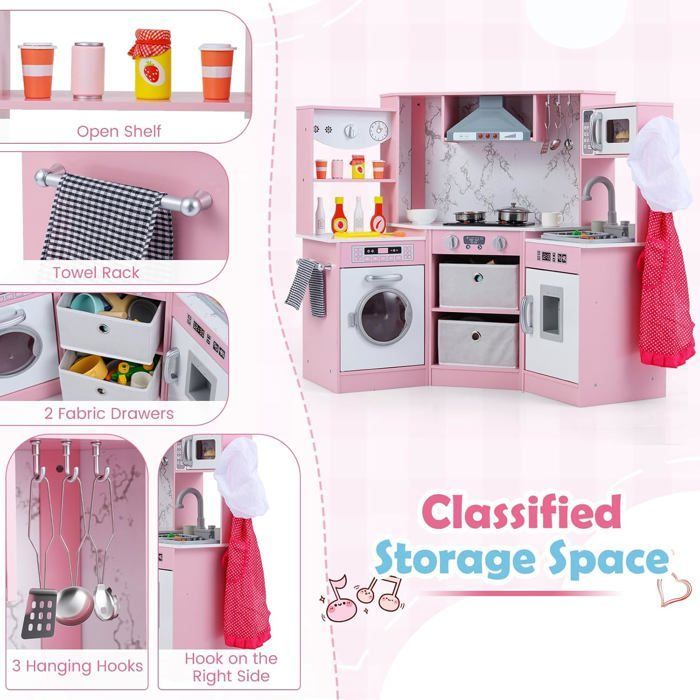 Cocina de juguete esquinera de madera GOPLUS para niños con luces y sonidos realistas, accesorios y espacio de almacenamiento, para mayores de 3 años (rosa)