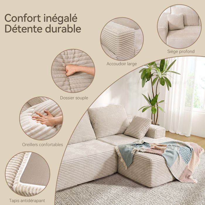 Sofá esquinero derecho de 263x171x59cm, combinación libre, no requiere montaje, sofá en forma de L de 4 plazas con chaise longue, pana beige.