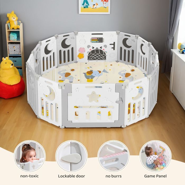 Foldable Baby Playpen with 14 Panels, 150×150 cm, Modular Plastic Baby Playpen, Baby Playpen with Door and Activity Panel