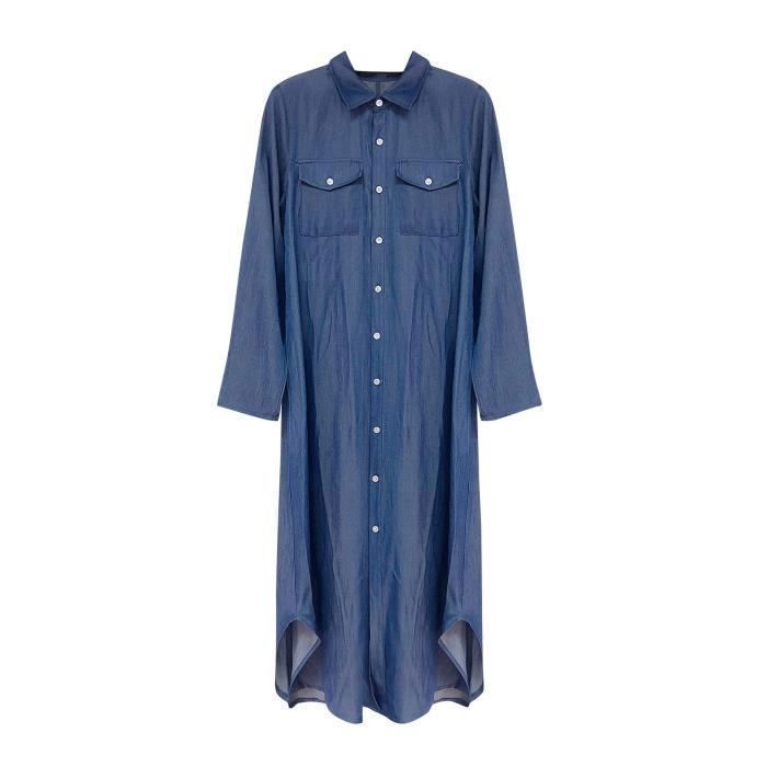 Vestido vaquero retro de verano para mujer, túnica informal con cuello en V, camisa larga holgada, blusa vaquera maxi.