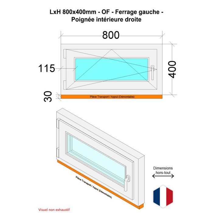 Ventana de PVC - Triple acristalamiento - Apertura a la izquierda - Color blanco - Ancho x Alto: 800 x 400 mm