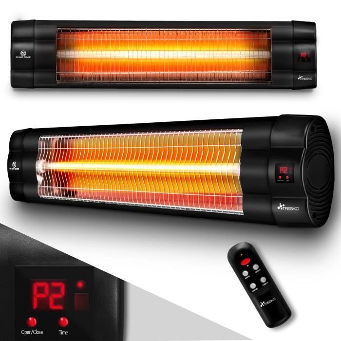 Calefactor infrarrojo exterior TRESKO de 2500 W | Calefactor radiante para patio | Montaje en pared | Control remoto | 3 niveles | Para interiores y exteriores