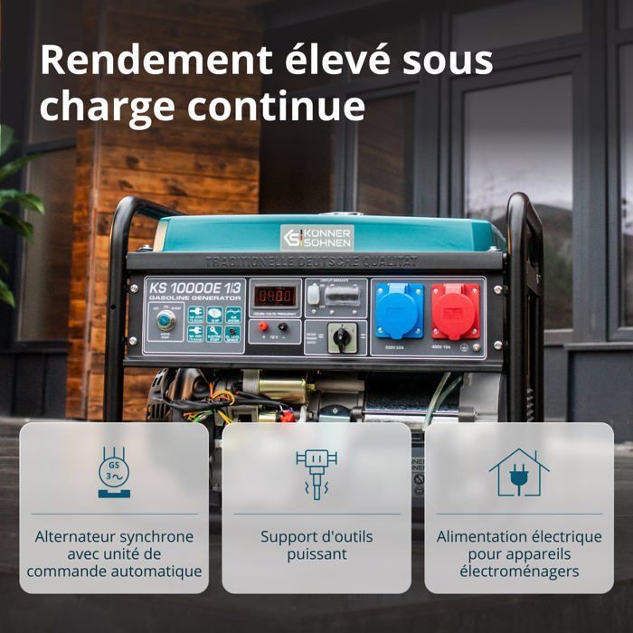 KS 10000E-1-3 benzinegenerator, met variabel spanningsschakelsysteem (VTS) en een maximaal vermogen van 7500W/8000W (230V/400V).