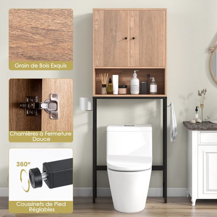 Armario para inodoro GOPLUS - Unidad de almacenamiento sobre el inodoro, compartimento abierto - Estante ajustable, para cuarto de lavado, color natural