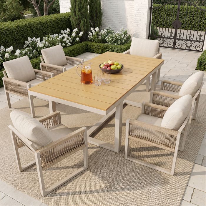 Conjunto de mesa y sillas de jardín para 6 personas, combinables libremente, con cojines, resistente a la intemperie, 1 mesa y 6 sillas, color beige.
