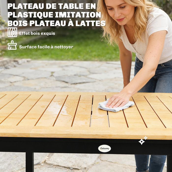 Mesa de jardín rectangular de madera compuesta con estructura metálica y tablero de listones, 127x70cm, color marrón [sillas no incluidas].