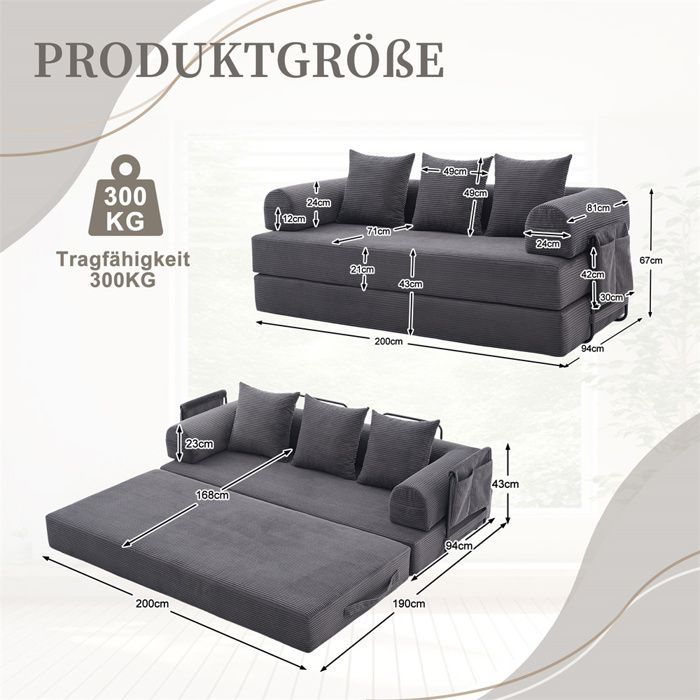 DRIPEX Canapé compressé 4-en-1 Pliable,Canapé modulable 3 places avec structure métallique,poches latérales et 3 coussins,Gris