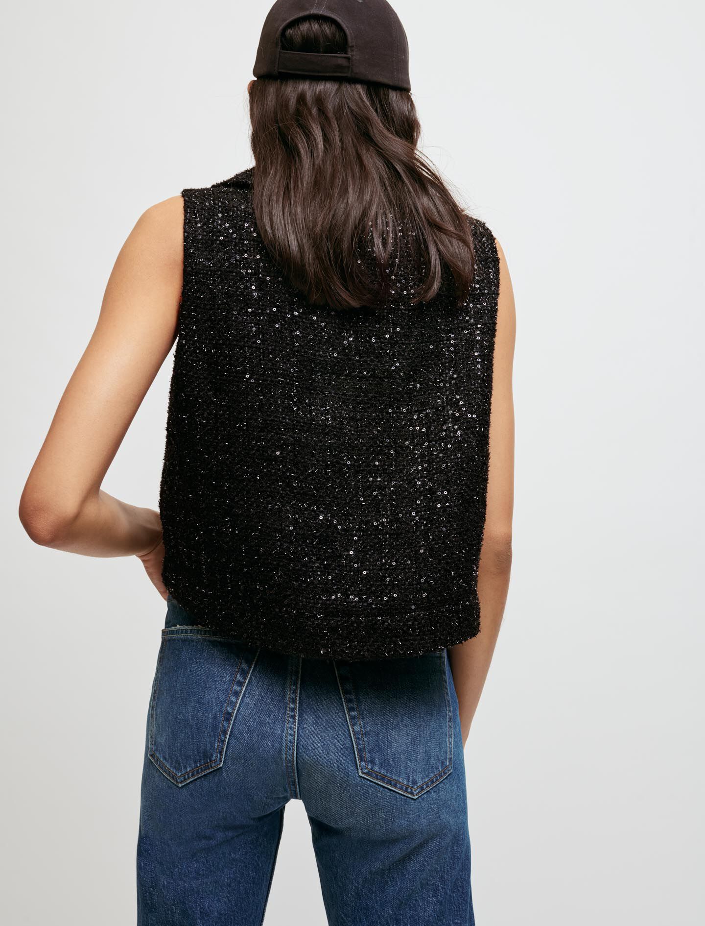 Vestă din tweed cu paiete - Negru