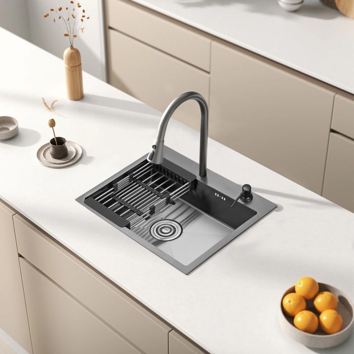 Spülbecken – DEWINNER – 55 x 45 x 19 cm – Edelstahl – 1 Becken – mit Spülbeckenspender und Korb