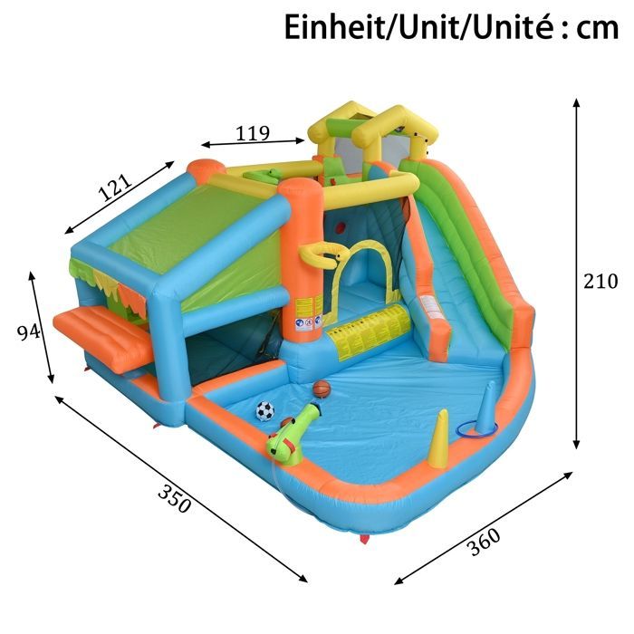 Children's outdoor inflatable castle with slide and basketball hoop, children's kitchen, Oxford fabric, 360x350x210cm, ages 3 to 10 years