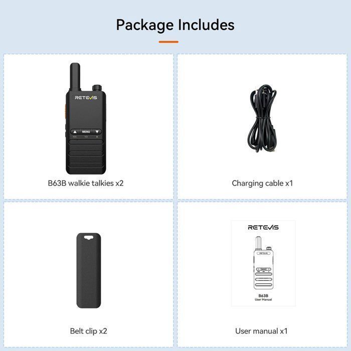 Retevis B63B Walkie Talkie, 15mm Slim and Lightweight, 1620mAh, Type C, VOX, Emergency Alarm, Walkie Talkie for Outdoor Family Use
